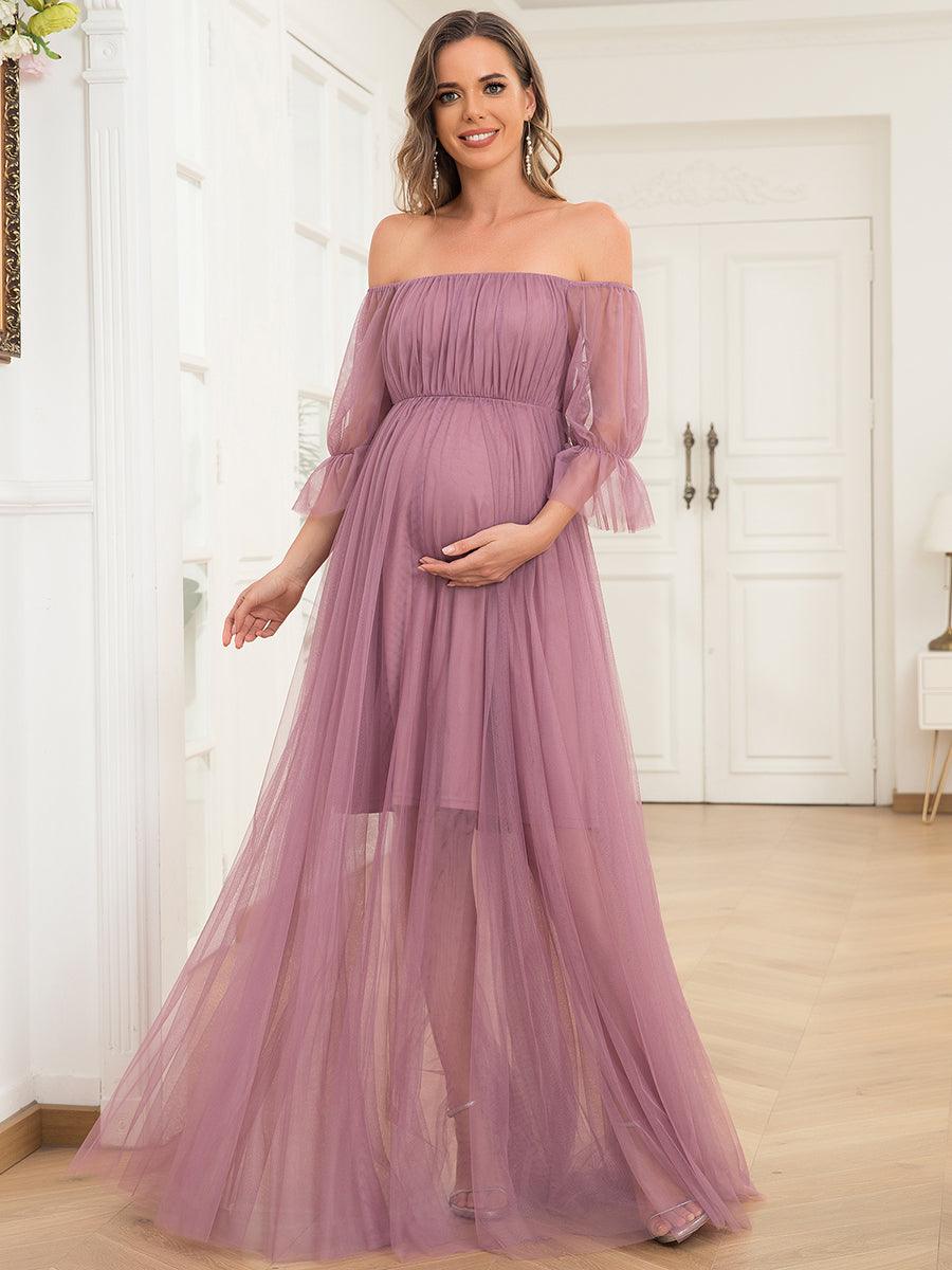 Maxi robe de maternité en tulle plissé à épaules dénudées #Couleur_Orchidee