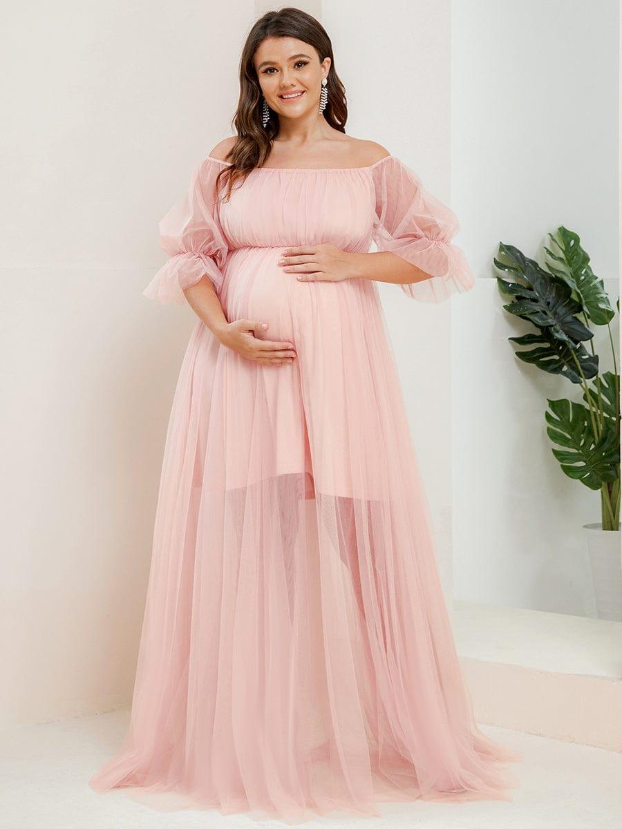 Robe Maxi de Grossesse à Double Jupe en Tulle à Epaules Dénudées de Grande Taille