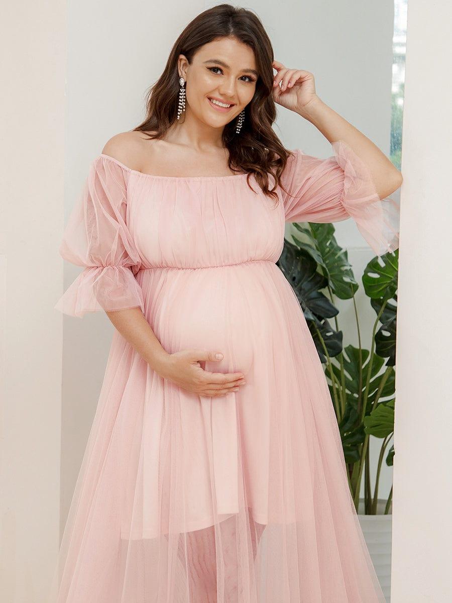 Robe Maxi de Grossesse à Double Jupe en Tulle à Epaules Dénudées de Grande Taille