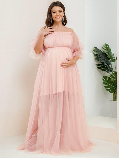 Robe Maxi de Grossesse à Double Jupe en Tulle à Epaules Dénudées de Grande Taille (Vente finale)