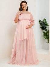 Robe Maxi de Grossesse à Double Jupe en Tulle à Epaules Dénudées de Grande Taille #Couleur_Rose