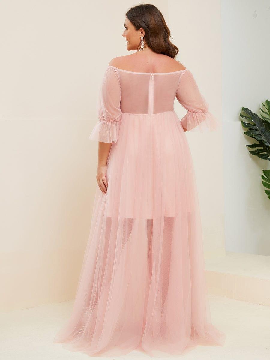 Robe Maxi de Grossesse à Double Jupe en Tulle à Epaules Dénudées de Grande Taille #Couleur_Rose