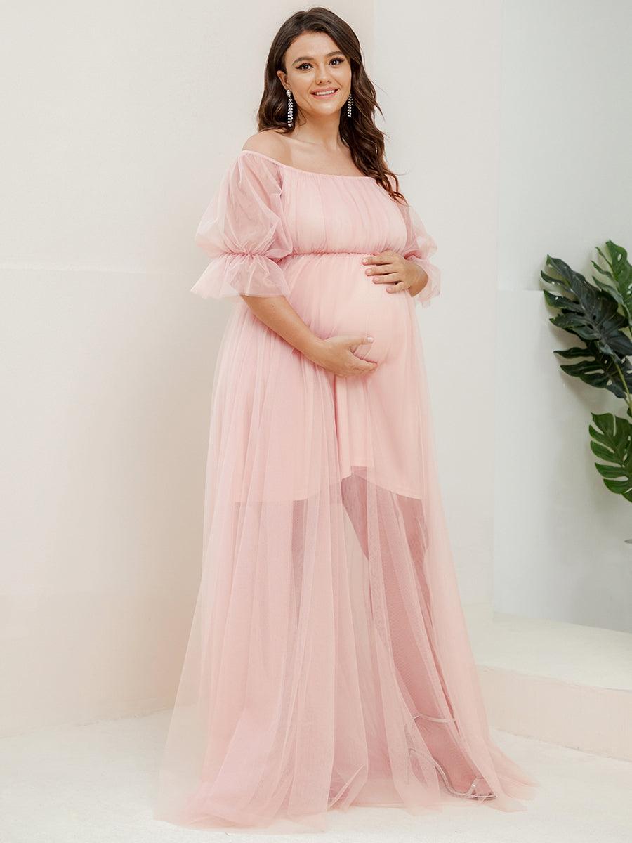 Maxi robe de maternité en tulle plissé à épaules dénudées #Couleur_Rose