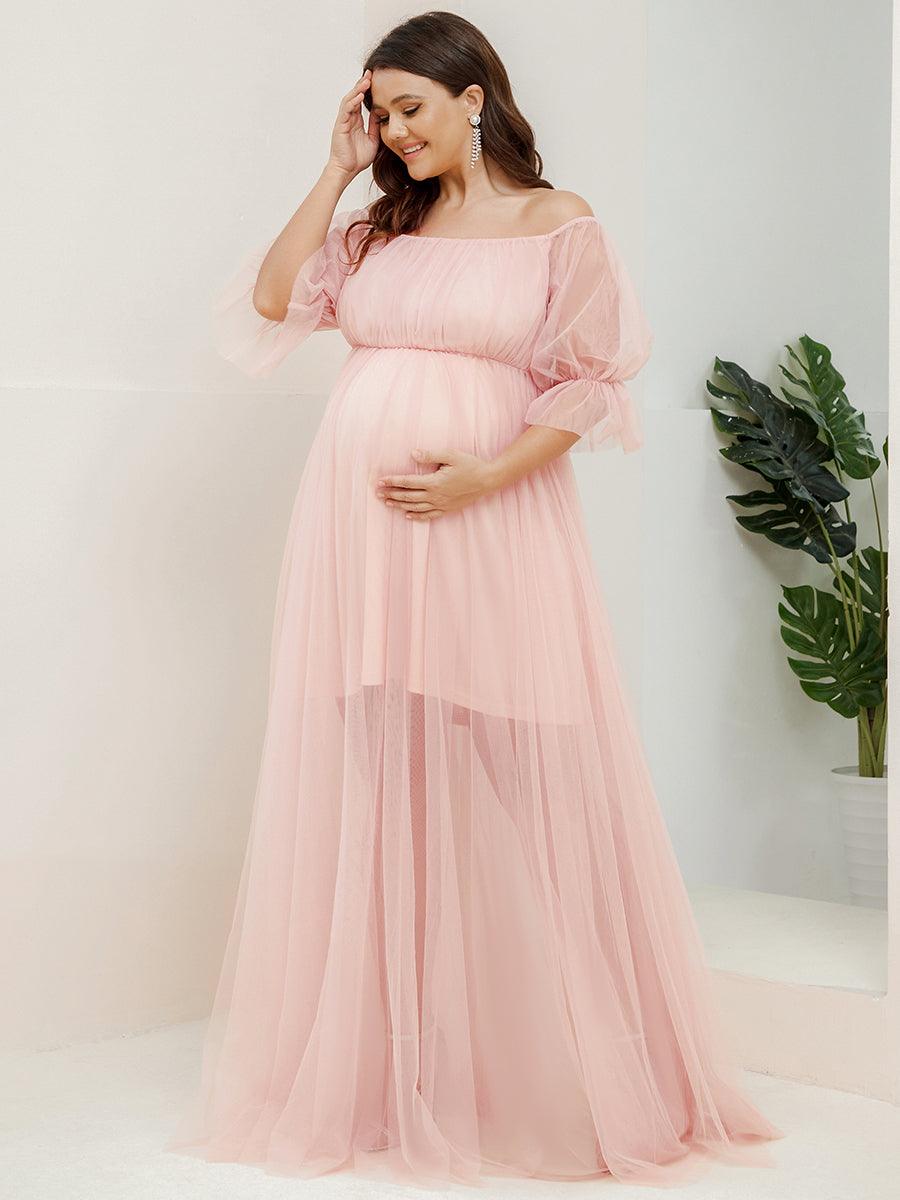 Maxi robe de maternité en tulle plissé à épaules dénudées #Couleur_Rose