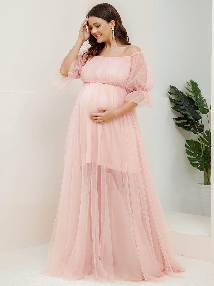 Robe Maxi de Grossesse à Double Jupe en Tulle à Epaules Dénudées de Grande Taille