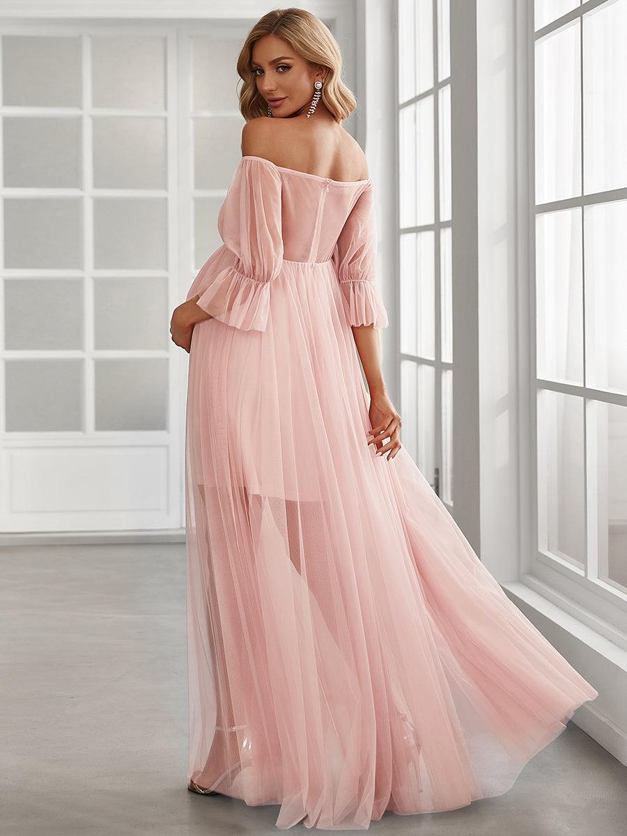 Maxi robe de maternité en tulle plissé à épaules dénudées #Couleur_Rose