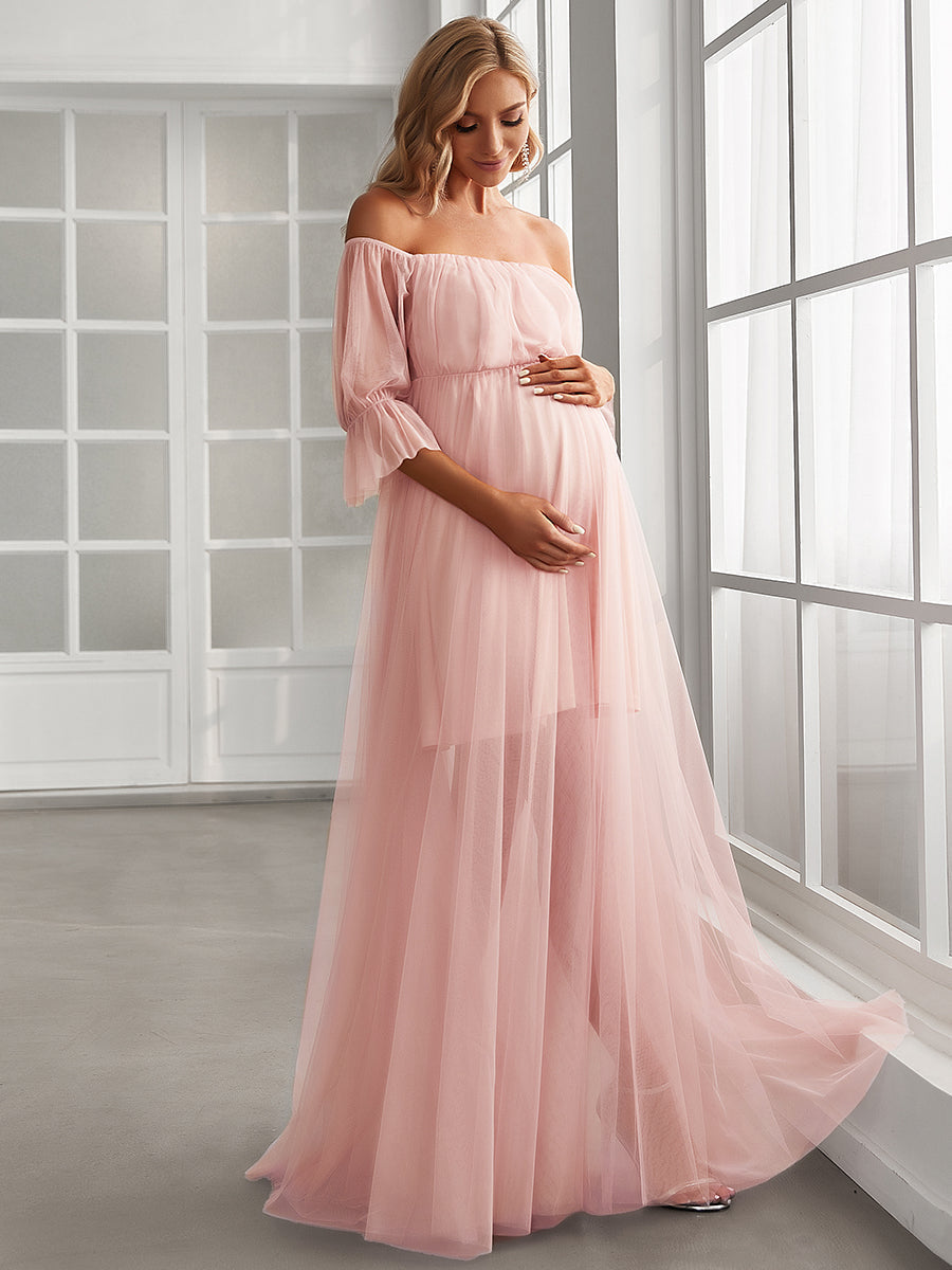 Maxi robe de maternité en tulle plissé à épaules dénudées #Couleur_Rose