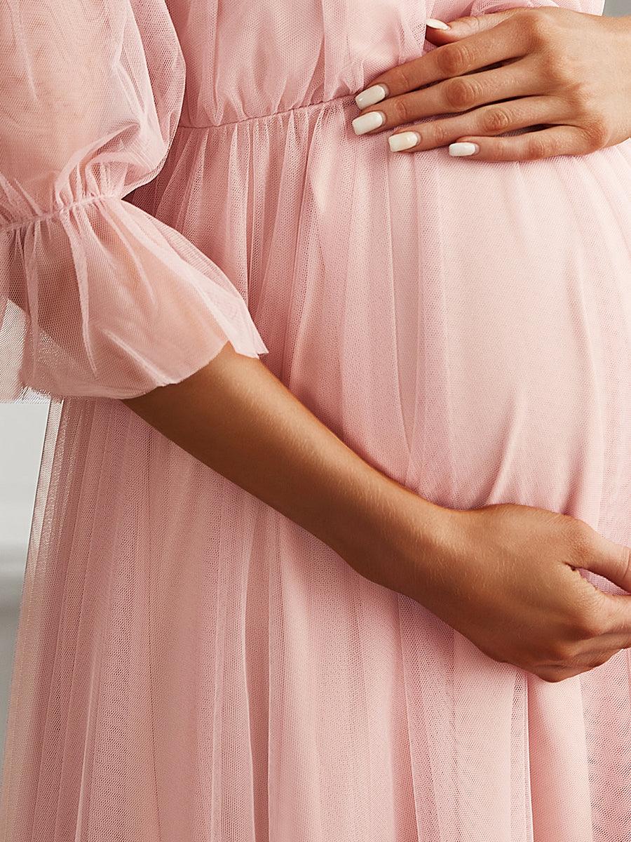 Maxi robe de maternité en tulle plissé à épaules dénudées #Couleur_Rose