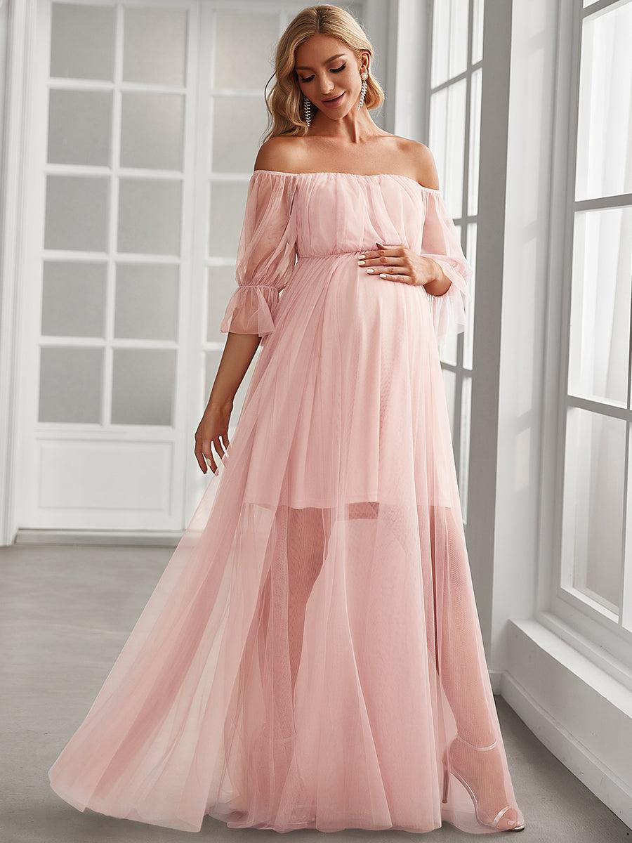 Maxi robe de maternité en tulle plissé à épaules dénudées #Couleur_Rose