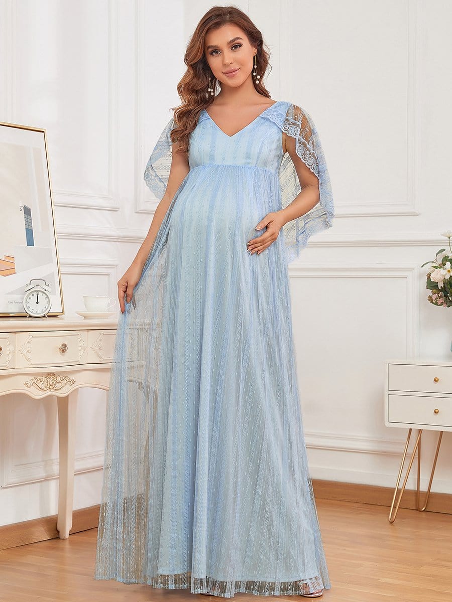 Color=Bleu Glace | Robe de grossesse Capelet en dentelle transparente-Bleu Glace 4