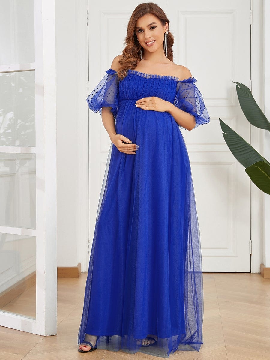 Color=Bleu Saphir | Robe de maternité transparente à épaules dénudées et longueur au sol-Bleu Saphir 1