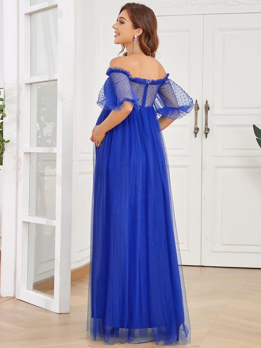 Color=Bleu Saphir | Robe de maternité transparente à épaules dénudées et longueur au sol-Bleu Saphir 2