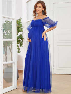 Color=Bleu Saphir | Robe de maternité transparente à épaules dénudées et longueur au sol-Bleu Saphir 3