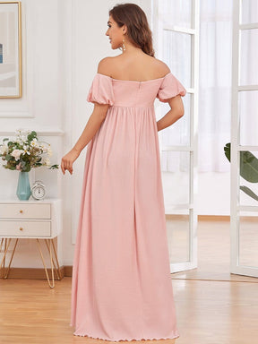 Color=Rose | Robe de grossesse longue à manches bouffantes et encolure dégagée-Rose 2