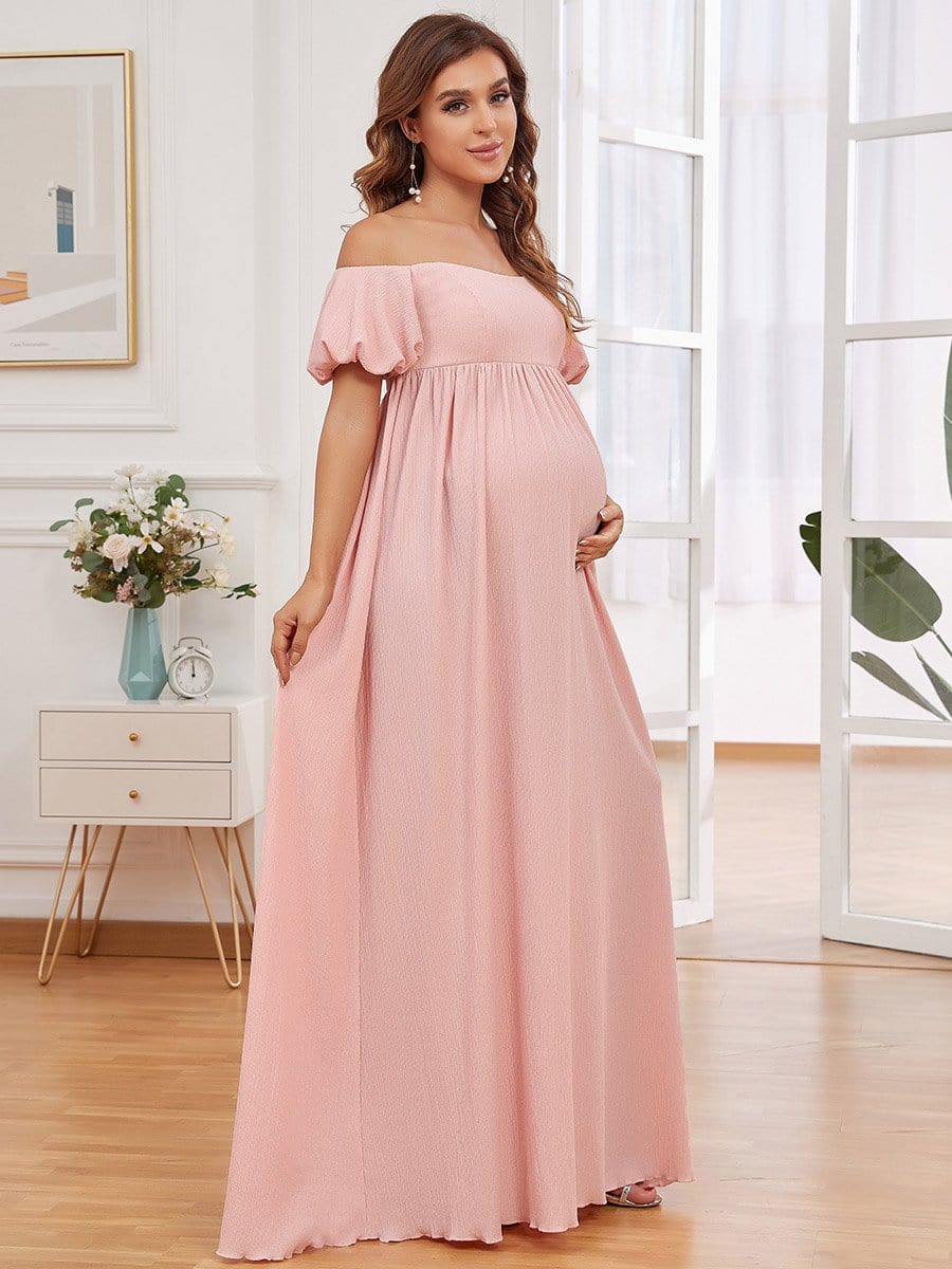 Color=Rose | Robe de grossesse longue à manches bouffantes et encolure dégagée-Rose 3