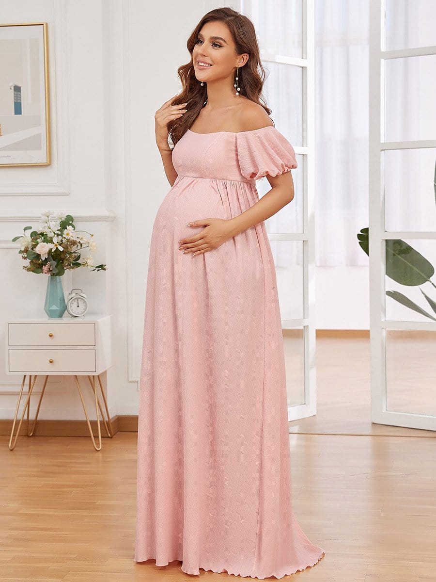 Color=Rose | Robe de grossesse longue à manches bouffantes et encolure dégagée-Rose 4