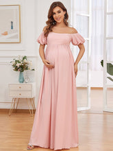 Color=Rose | Robe de grossesse longue à manches bouffantes et encolure dégagée-Rose 1