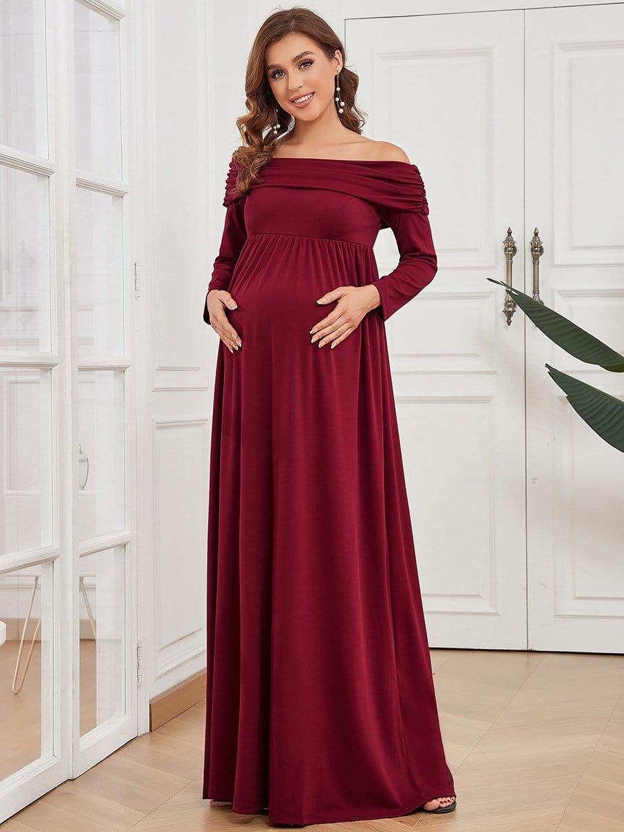 Color=Bordeaux | Robe de maternité plissée à manches longues et épaules dénudées-Bordeaux 1