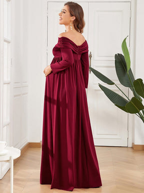 Color=Bordeaux | Robe de maternité plissée à manches longues et épaules dénudées-Bordeaux 2