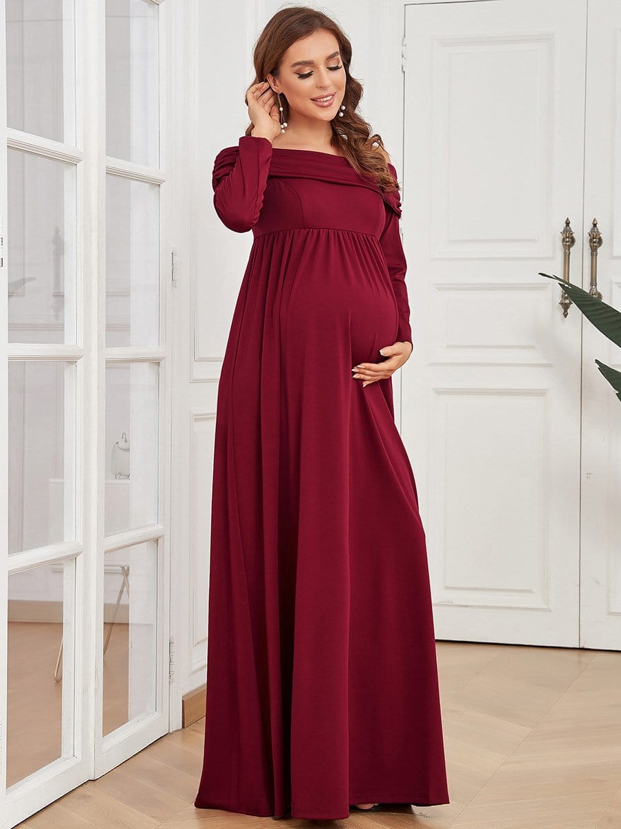 Color=Bordeaux | Robe de maternité plissée à manches longues et épaules dénudées-Bordeaux 3