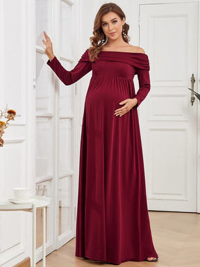 Color=Bordeaux | Robe de maternité plissée à manches longues et épaules dénudées-Bordeaux 4