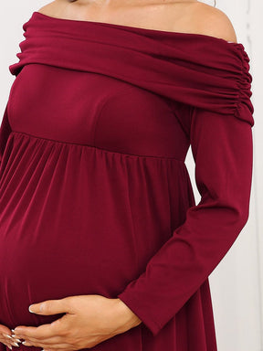 Color=Bordeaux | Robe de maternité plissée à manches longues et épaules dénudées-Bordeaux 5