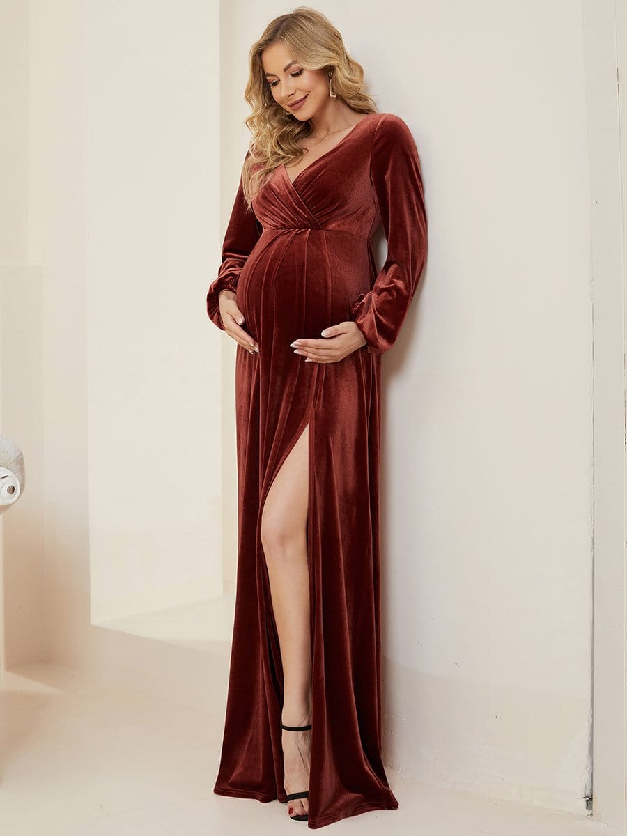 Color=Rouge Brique | Robe de maternité plissée à manches longues en velours-Rouge Brique 3