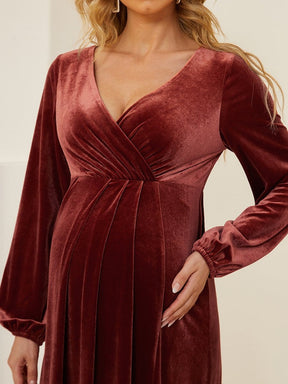 Color=Rouge Brique | Robe de maternité plissée à manches longues en velours-Rouge Brique 5