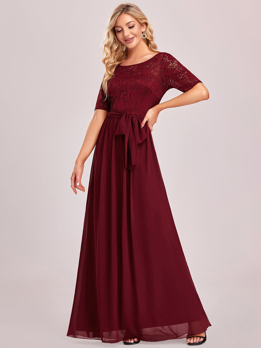 Robe de soirée élégante en dentelle et mousseline avec ceinture pour femmes #Couleur_Bordeaux
