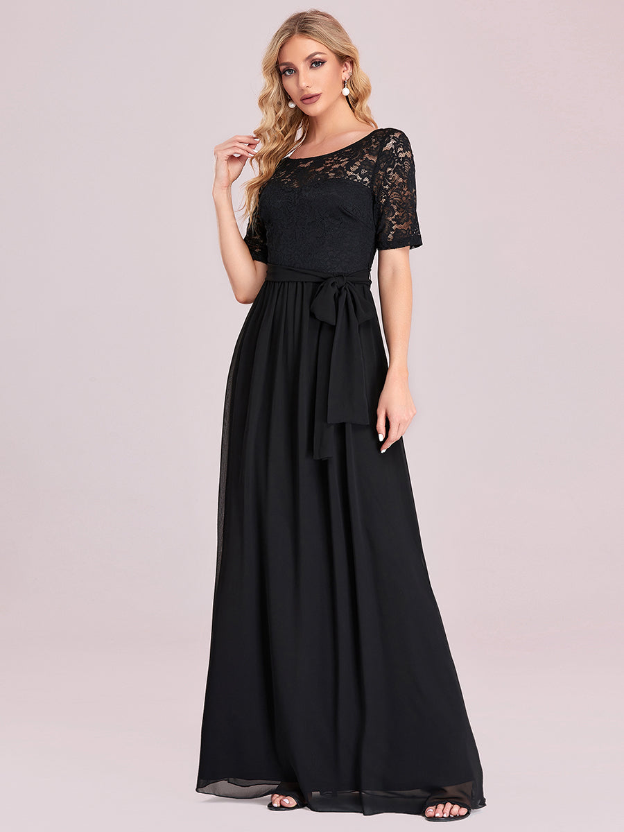Robe de soirée élégante en dentelle et mousseline avec ceinture pour femmes #Couleur_Noir