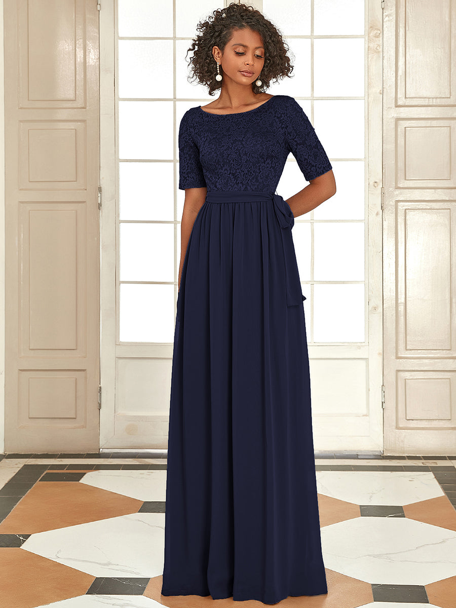 Robe de soirée élégante en dentelle et mousseline avec ceinture pour femmes #Couleur_Bleu Marine