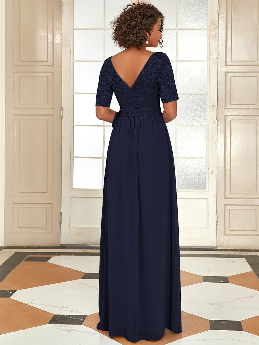 Robe de soirée élégante en dentelle et mousseline avec ceinture pour femmes #Couleur_Bleu Marine