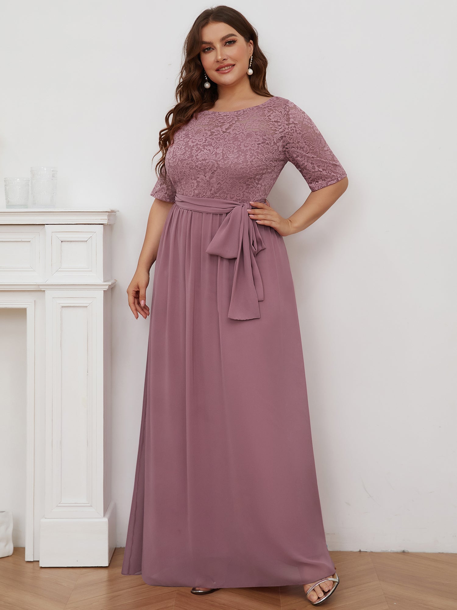 Grande taille Maxi longue dentelle Illusion Robes de mère de la mariée #Couleur_Orchidee