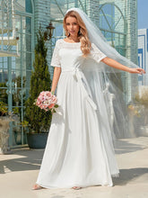 Robe de mariée simple en mousseline à demi-manches avec ceinture #Couleur_Blanc