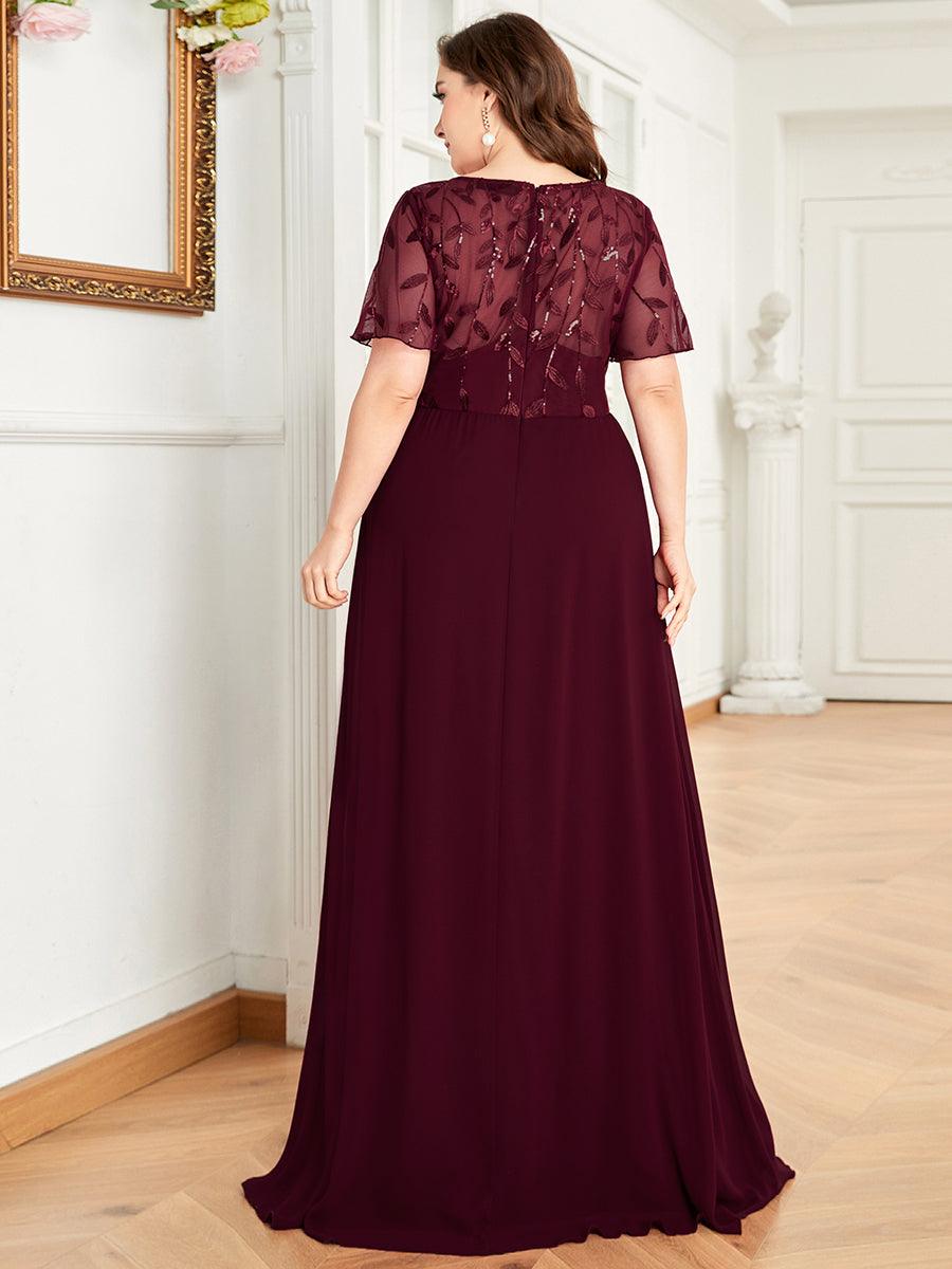 Robe de Soirée Longue Grande Taille à Imprimé Paillettes avec Mancherons #Couleur_Bordeaux
