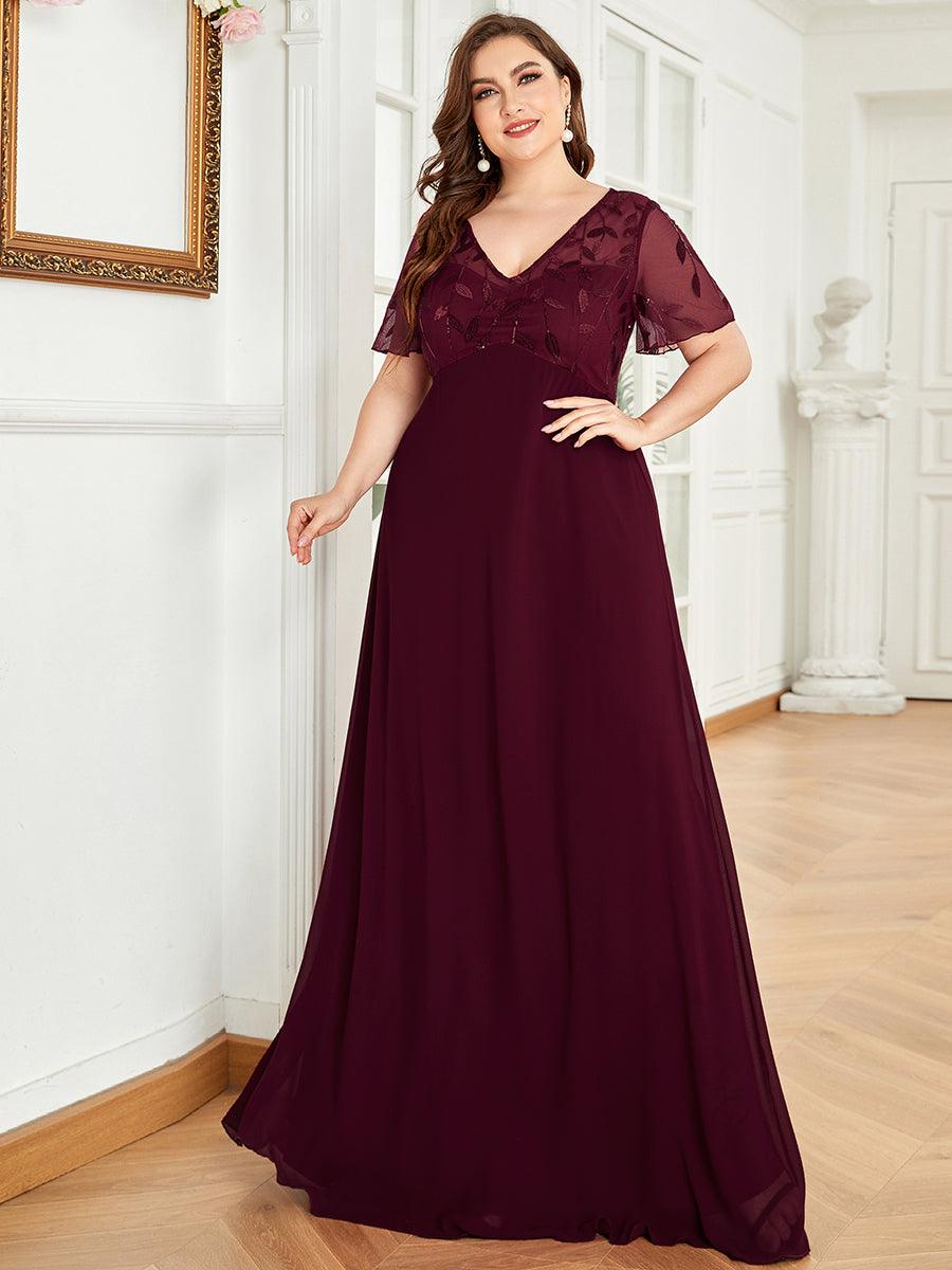 Robe de Soirée Longue Grande Taille à Imprimé Paillettes avec Mancherons #Couleur_Bordeaux