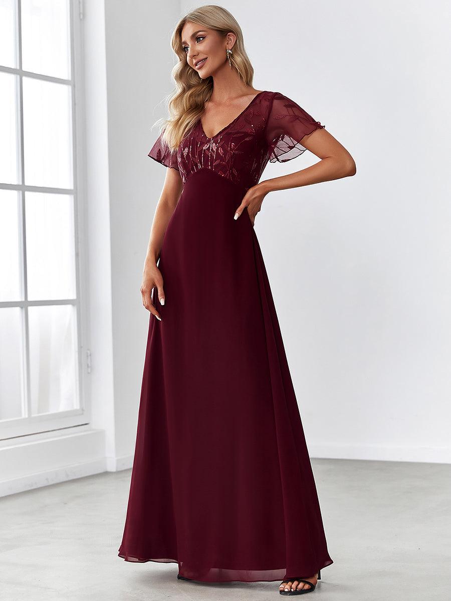 Robe de Soirée Longue à Imprimé Paillettes avec Mancherons #Couleur_Bordeaux