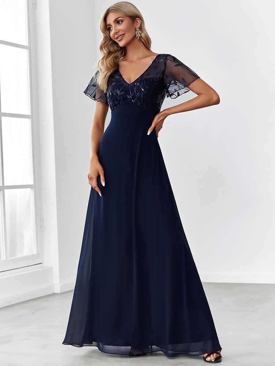 Robe de Soirée Longue à Imprimé Paillettes avec Mancherons #Couleur_Bleu Marine