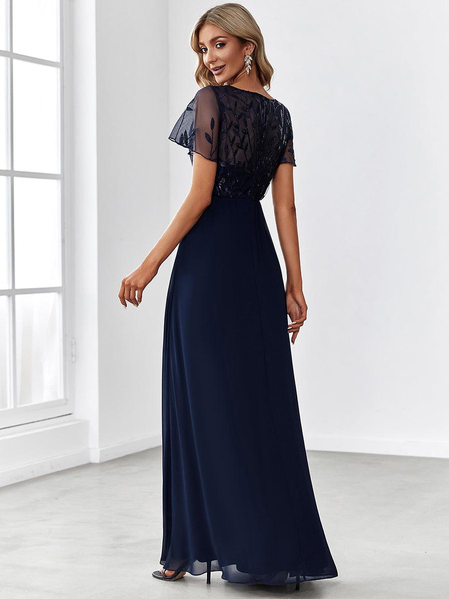 Robe de Soirée Longue à Imprimé Paillettes avec Mancherons #Couleur_Bleu Marine