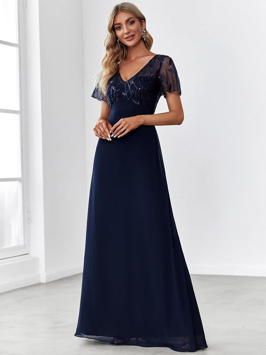 Robe de Soirée Longue à Imprimé Paillettes avec Mancherons