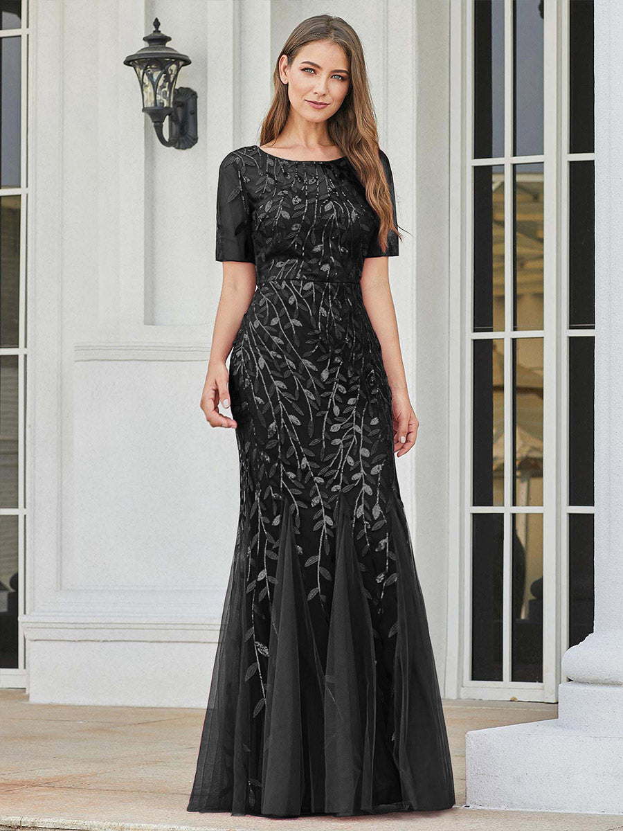 Taille personnalisée robes Longues Sirène en Tulle à Imprimé Floral et Paillettes #couleur_Noir
