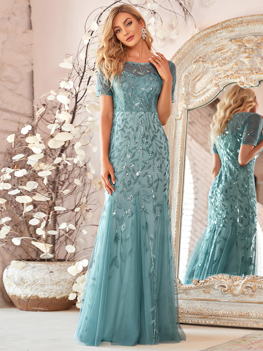 Taille personnalisée robes Longues Sirène en Tulle à Imprimé Floral et Paillettes #couleur_Bleu Fume