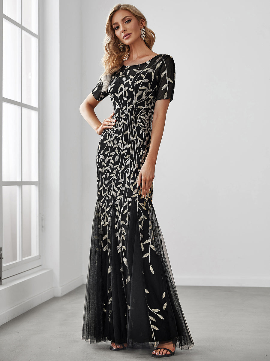 Taille personnalisée robes Longues Sirène en Tulle à Imprimé Floral et Paillettes #couleur_Noir & Or