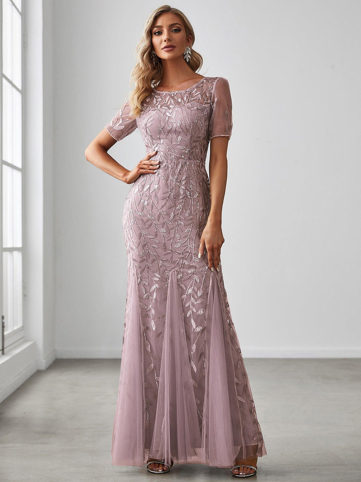Robes demoiselle d'honneur Sirène en Tulle à Imprimé Floral et Paillettes #Couleur_Lilas