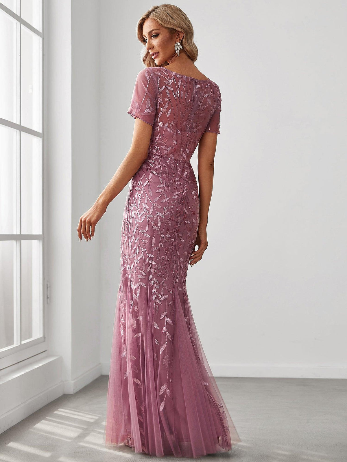 Robes demoiselle d'honneur Sirène en Tulle à Imprimé Floral et Paillettes #Couleur_Orchidee