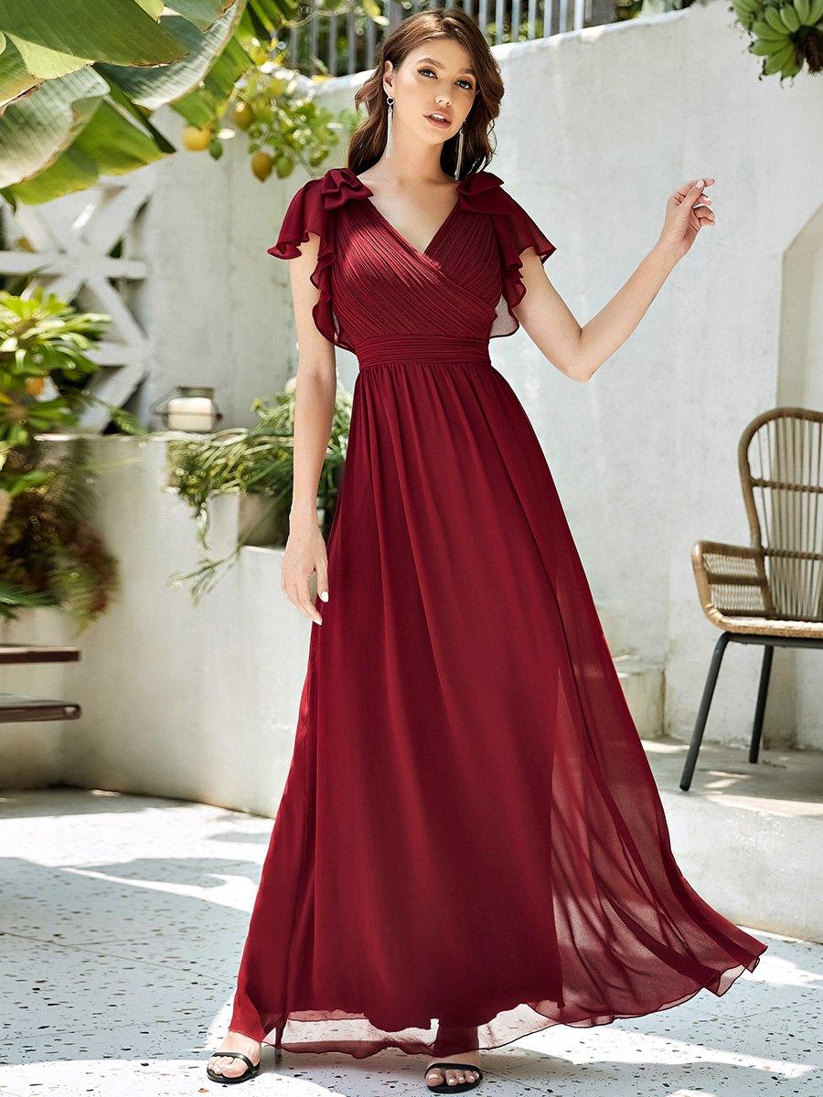 Robe Demoiselle d'Honneur Longue en Mousseline avec Manches à Volants #Couleur_Bordeaux