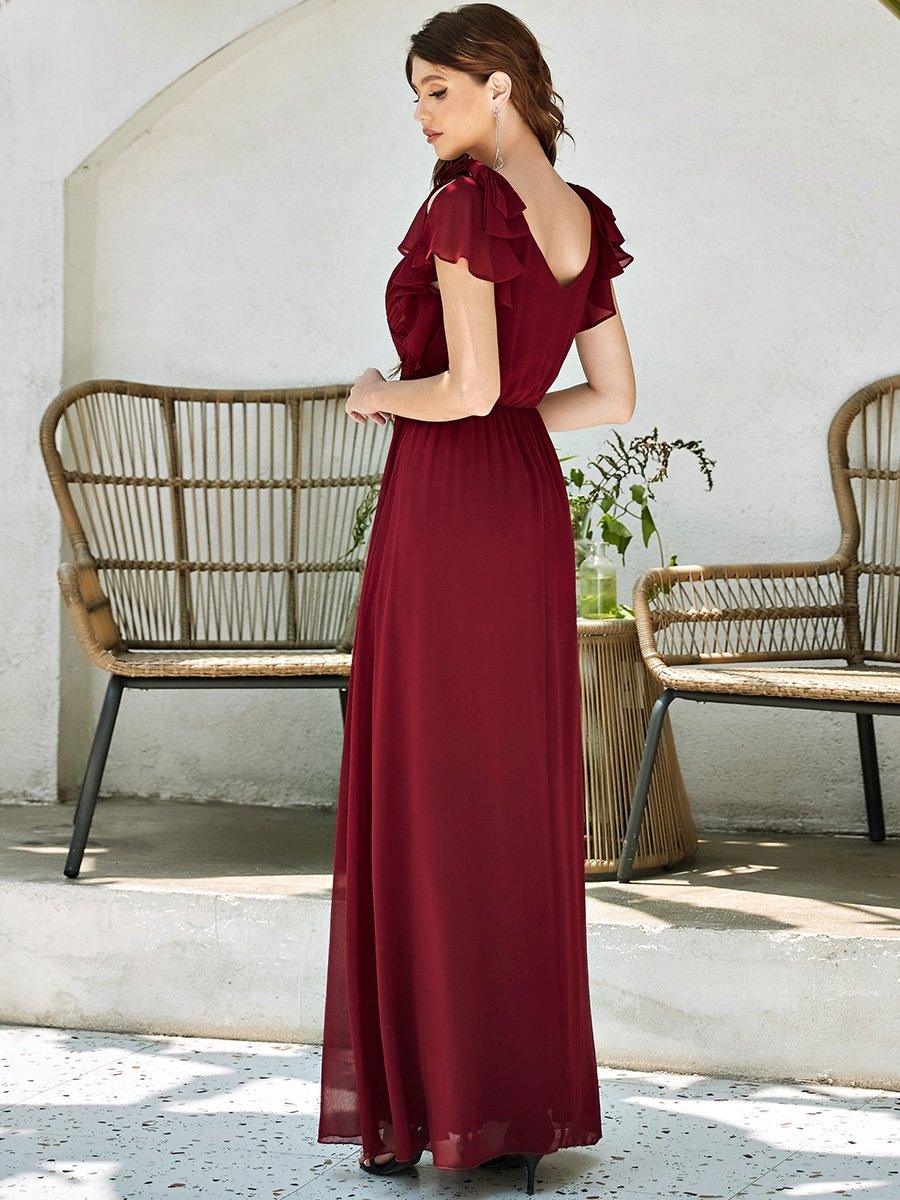 Robe Demoiselle d'Honneur Longue en Mousseline avec Manches à Volants #Couleur_Bordeaux