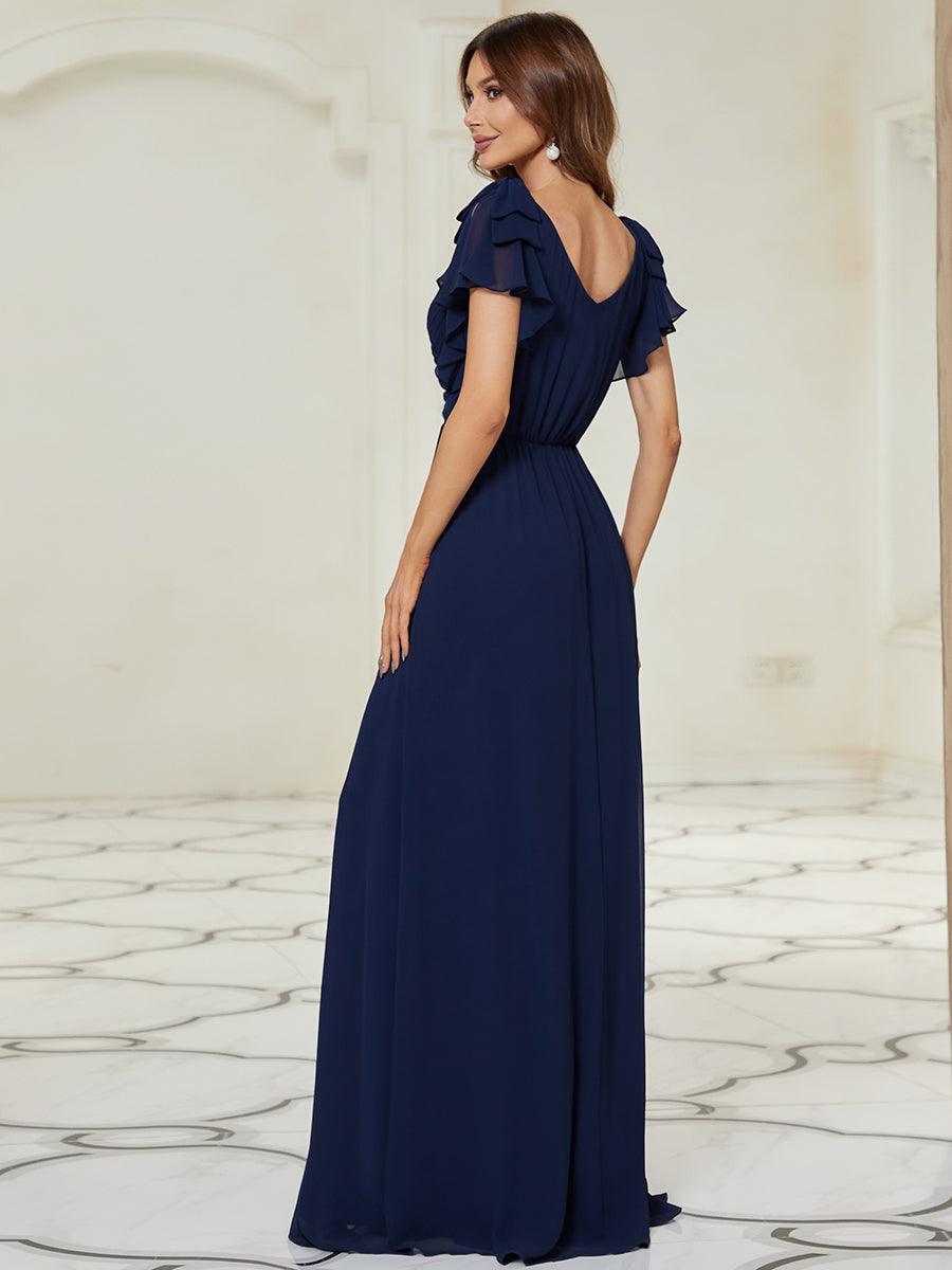 Taille Personnalisée Robe Demoiselle d'Honneur Longue en Mousseline avec Manches à Volants #couleur_Bleu Marine