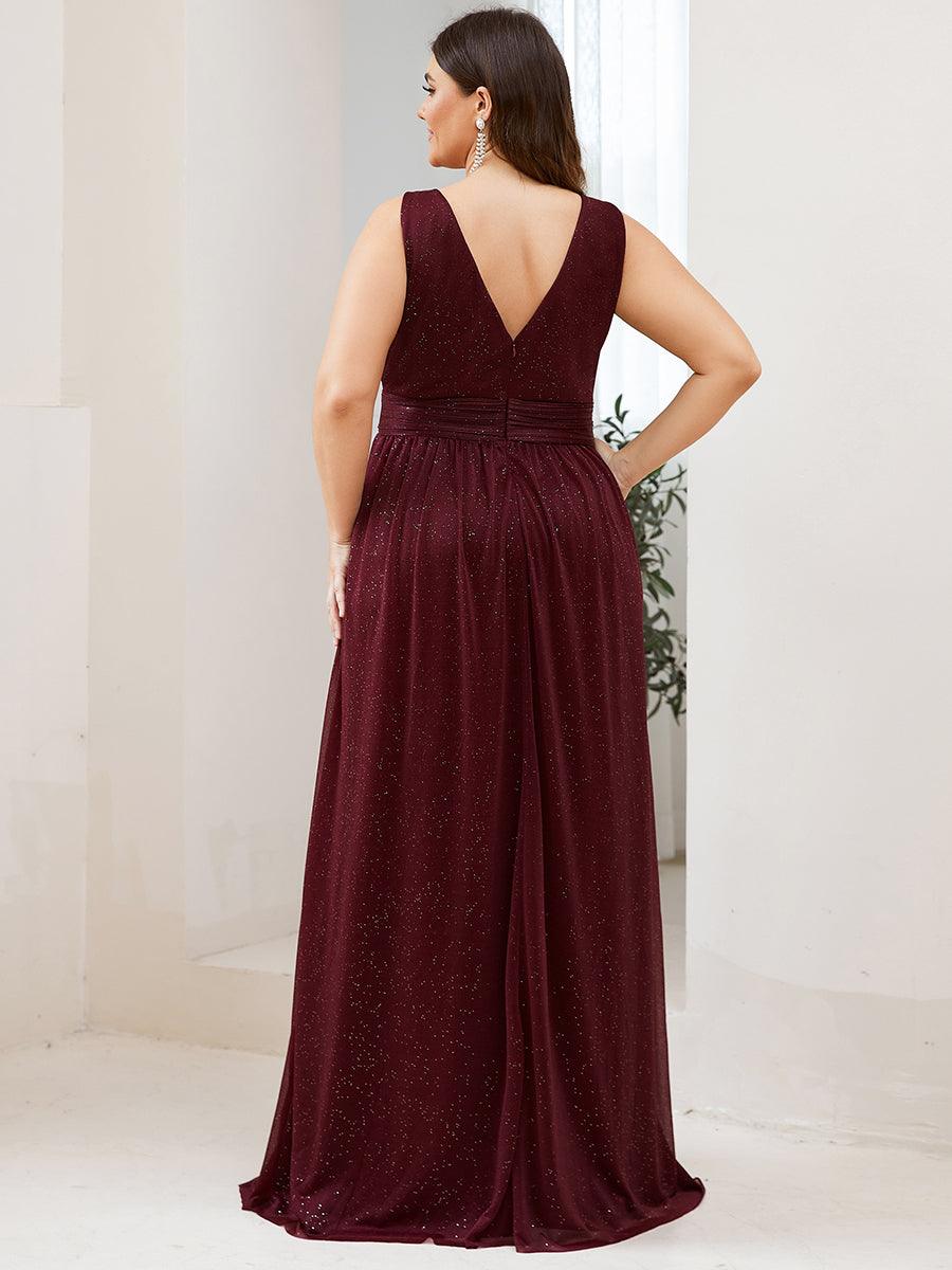 Robe de Soirée Grande Taille Longue Scintillante à Col en V #Couleur_Bordeaux