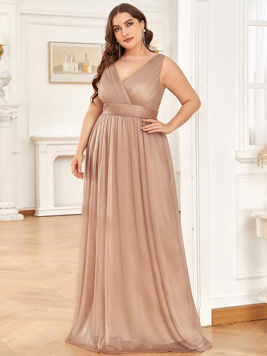 Robe de Soirée Grande Taille Longue Scintillante à Col en V #Couleur_Or Rose